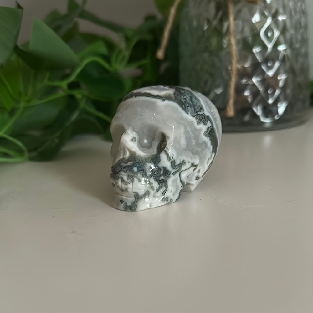 Druzy Moss Agate Skull